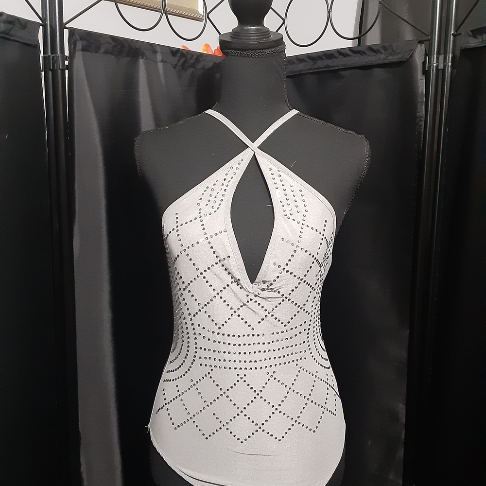 Windsor Gray Silver Halter Bodysuit Criss Criss Embrodiered Rhinestones Ladies S